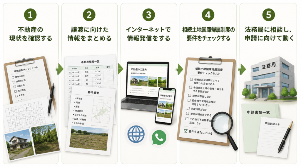 不動産の整理手順を5つのステップで示した図。不動産の現状確認、譲渡に向けた情報整理、インターネットでの情報発信、相続土地国庫帰属制度の要件確認、法務局への相談・申請準備の流れをイラスト付きで解説。