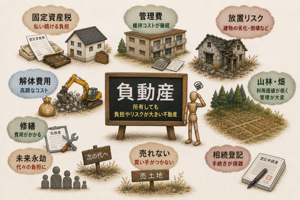 福島屋が解説する負動産のイメージ図。空き家だけでなく山林や畑など、維持管理や相続、売却に課題を抱える不動産の問題を表現。
