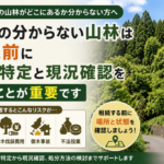 高知県の山林を相続する前に位置特定と現況確認の重要性を解説するイメージ。放置された山林のリスクとして行政指導、樹木伐採費用、倒木事故、不法投棄を紹介している。