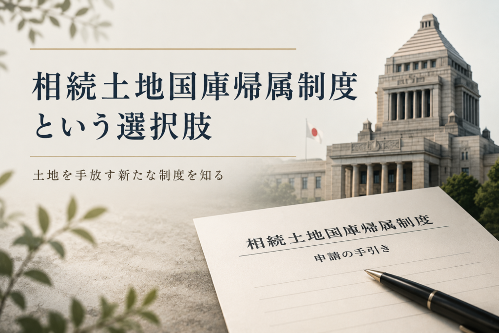 高知県の相続土地国庫帰属制度を解説するイメージ。国会議事堂と申請書類を配置したアイキャッチ画像