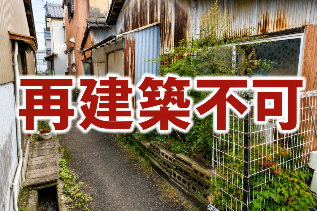 高知市の再建築不可物件を示す狭い通路の現地写真