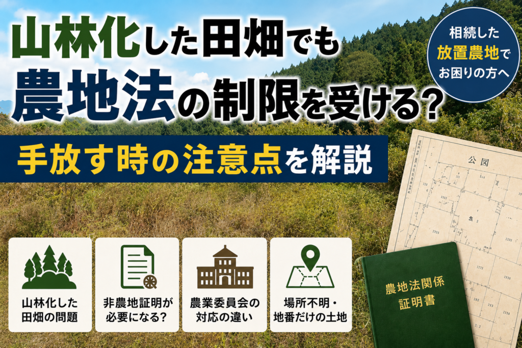 山林化した田畑でも農地法の制限を受けることや非農地証明の注意点を解説した画像