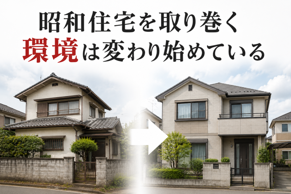 昭和住宅と平成住宅を対比し、相続不動産市場の変化を表現したイメージ画像