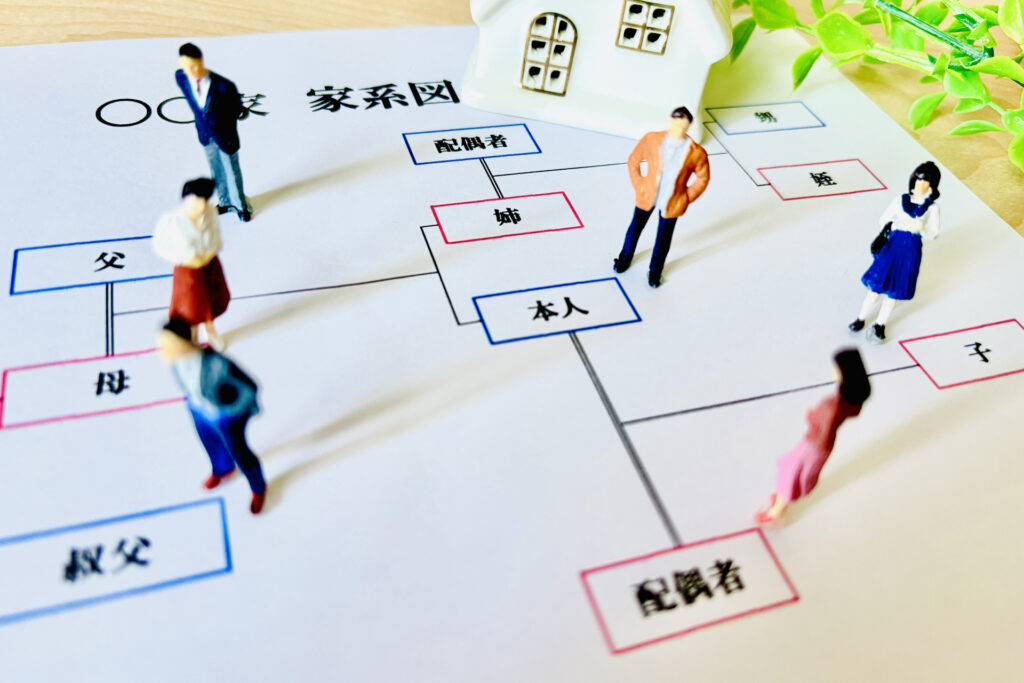 相続が繰り返されることで相続人や権利者が増え、不動産整理が複雑になることを表現したイラスト