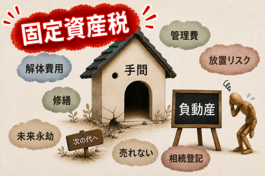 固定資産税がかかり続ける負動産の悩みを表現したイラスト。管理費や解体費用、相続問題など空き家所有者の負担を解説