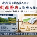 遺産分割協議の前に不動産整理が重要であることを示すイメージ。空き家・山林・農地などの負動産と預貯金などの資産を比較し、相続前の整理の必要性を表現している。