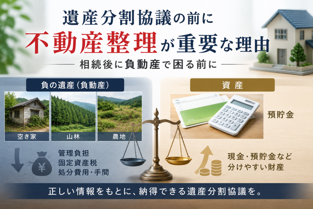 遺産分割協議の前に不動産整理が重要であることを示すイメージ。空き家・山林・農地などの負動産と預貯金などの資産を比較し、相続前の整理の必要性を表現している。