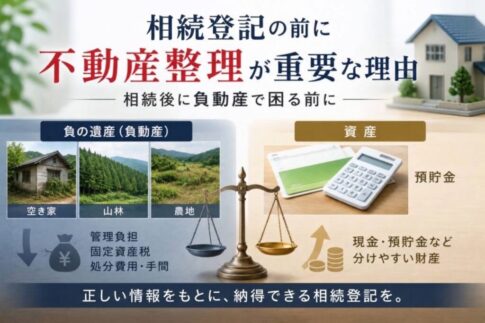 相続登記の前に不動産整理が重要であることを示すイメージ。空き家・山林・農地などの負動産と預貯金などの資産を比較し、相続前の整理の必要性を表現している。