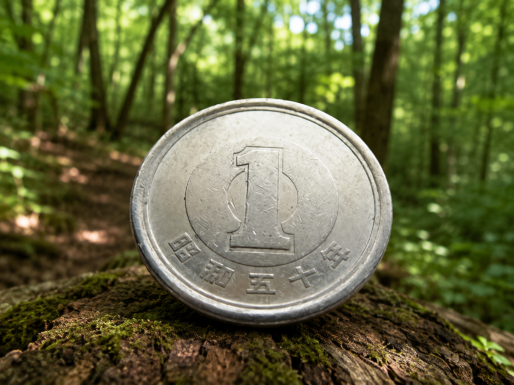 1円売買の対象となる山林をイメージした1円硬貨