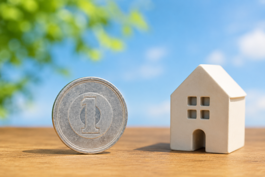 1円硬貨と住宅模型で表現した不動産の1円売買