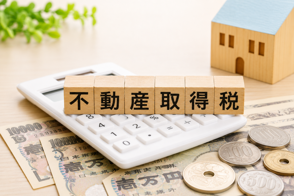 不動産取得税を表す住宅模型と電卓のイメージ