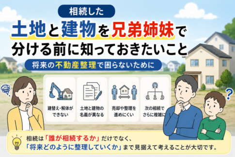 土地と建物を兄弟姉妹で別々に相続する際の注意点や、将来の不動産整理について解説するイラスト