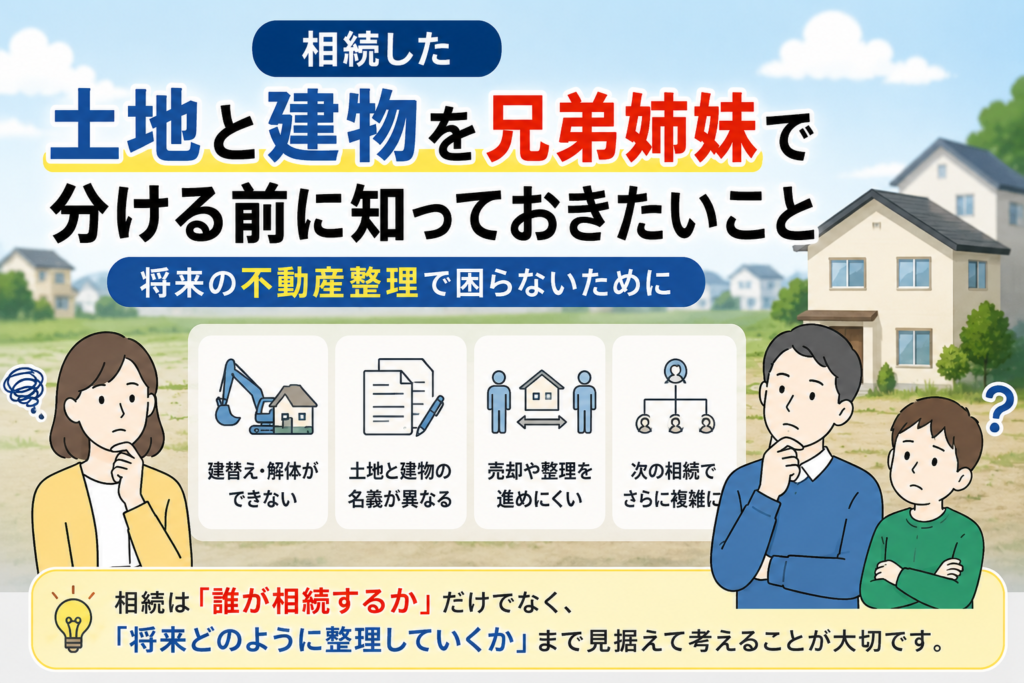 土地と建物を兄弟姉妹で別々に相続する際の注意点や、将来の不動産整理について解説するイラスト