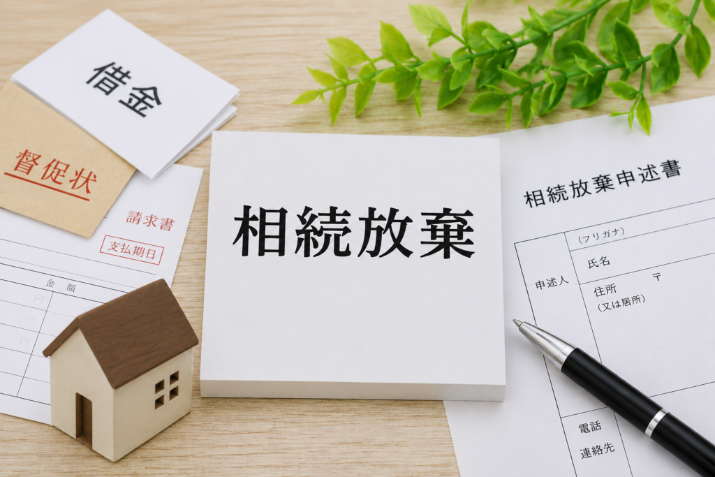 借金と不動産を確認しながら相続放棄を検討することをイメージした画像