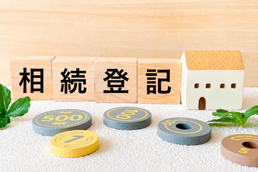 「相続登記」と書かれた木製ブロックと家の模型