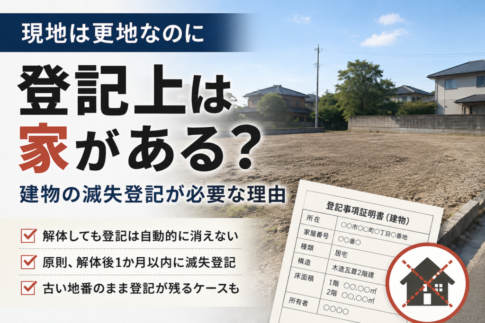 現地は更地でも建物登記が残っている場合があることを説明する建物滅失登記のイメージ