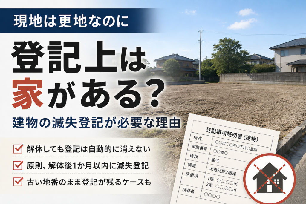 現地は更地でも建物登記が残っている場合があることを説明する建物滅失登記のイメージ
